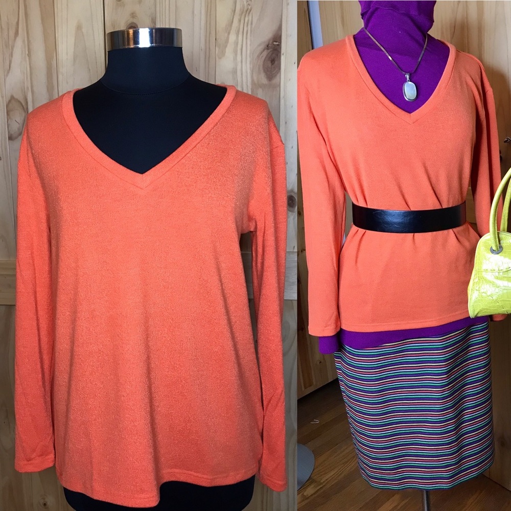 Orange v neck soft knit oversized top by Auxo